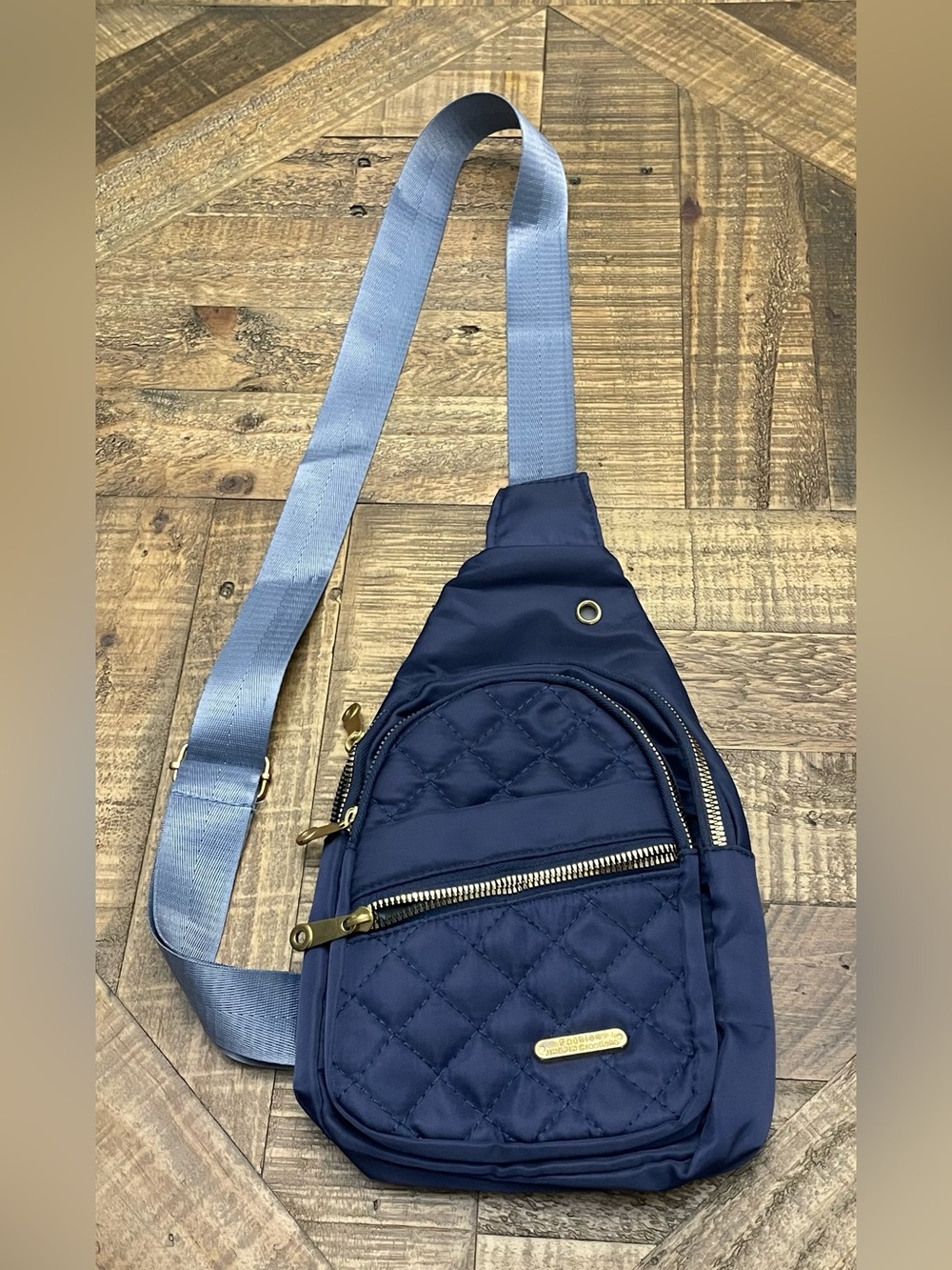 blue quilted Jingpin Creations fashion nylon sling bag